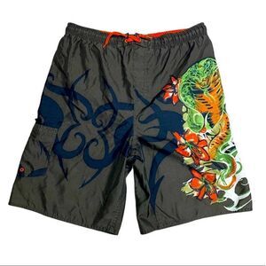 Bathing Suit Khaki Tribal Cobra Snake Pattern Swim Trunks Pool Beach Water Short